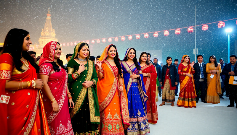 Women in colorful lehengas at Diwali celebration in snowy Canada