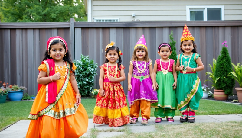 Children in colorful Indian party outfits at Canadian backyard