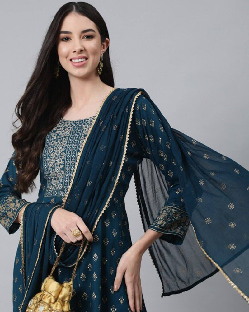 Aromie Chinnon Anarkali Kurta Set Canada deep teal embroidered three piece anarkali with gold dupatta and pouch