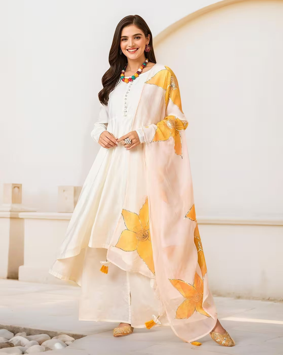 Aromie three piece Floral Silk Kurta Set Canada white silk kurta with yellow floral dupatta and palazzo pants