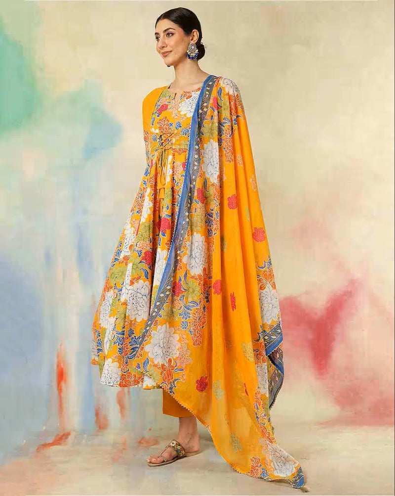 Aromie three piece kurtha yellow floral anarkali dress with embroidered dupatta and sandals maroon anarkali dress online