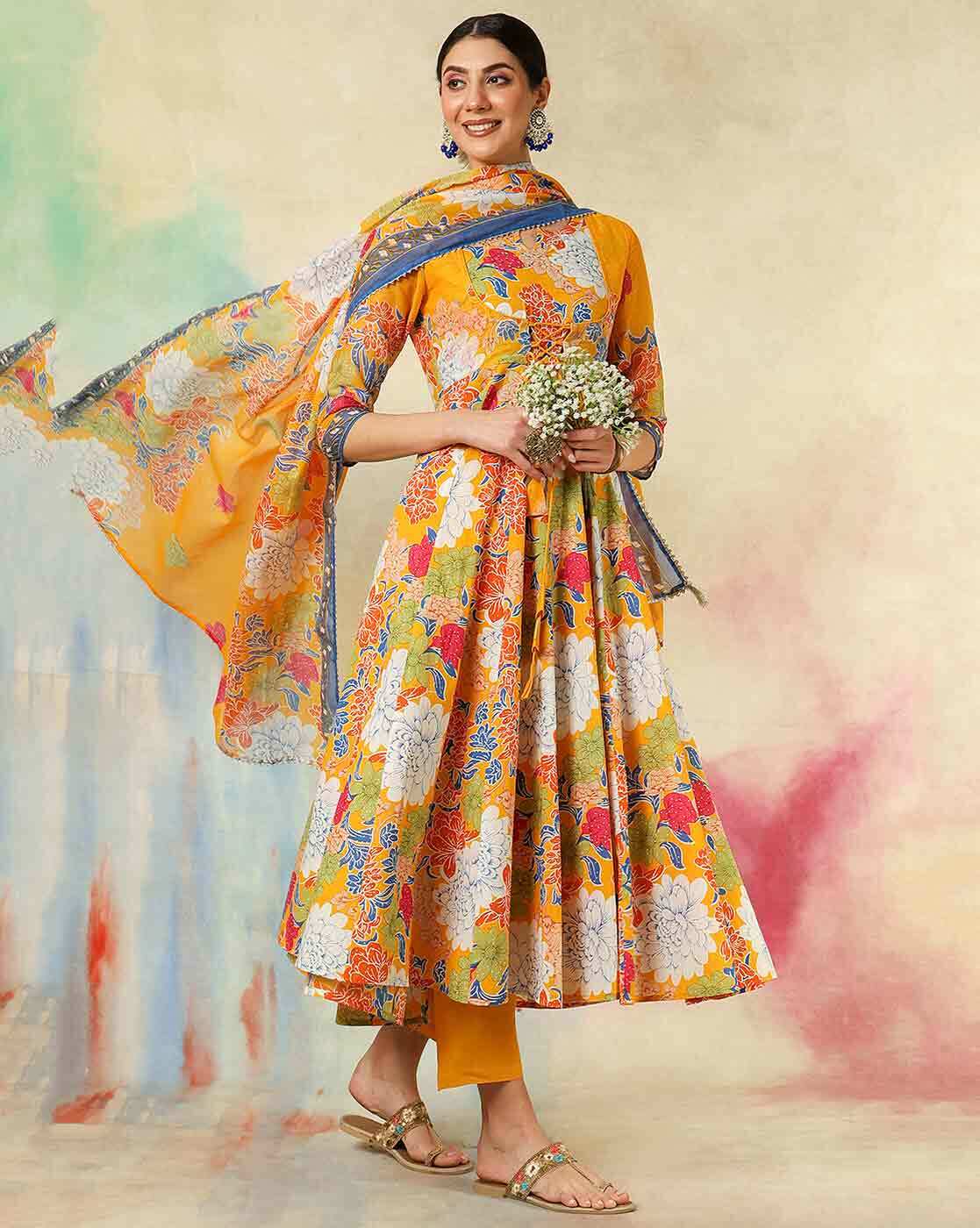 Aromie three piece kurtha set with vibrant yellow floral anarkali matching dupatta and churidar maroon anarkali dress online