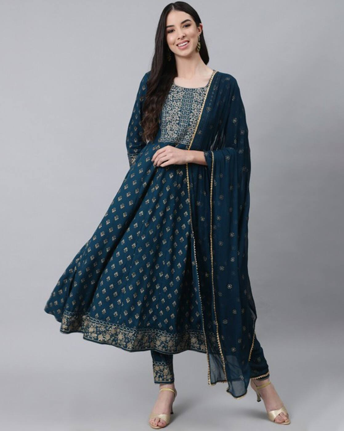 Aromie three piece Chinnon Anarkali Kurta Set Canada deep teal embroidered Anarkali kurta with churidar and dupatta