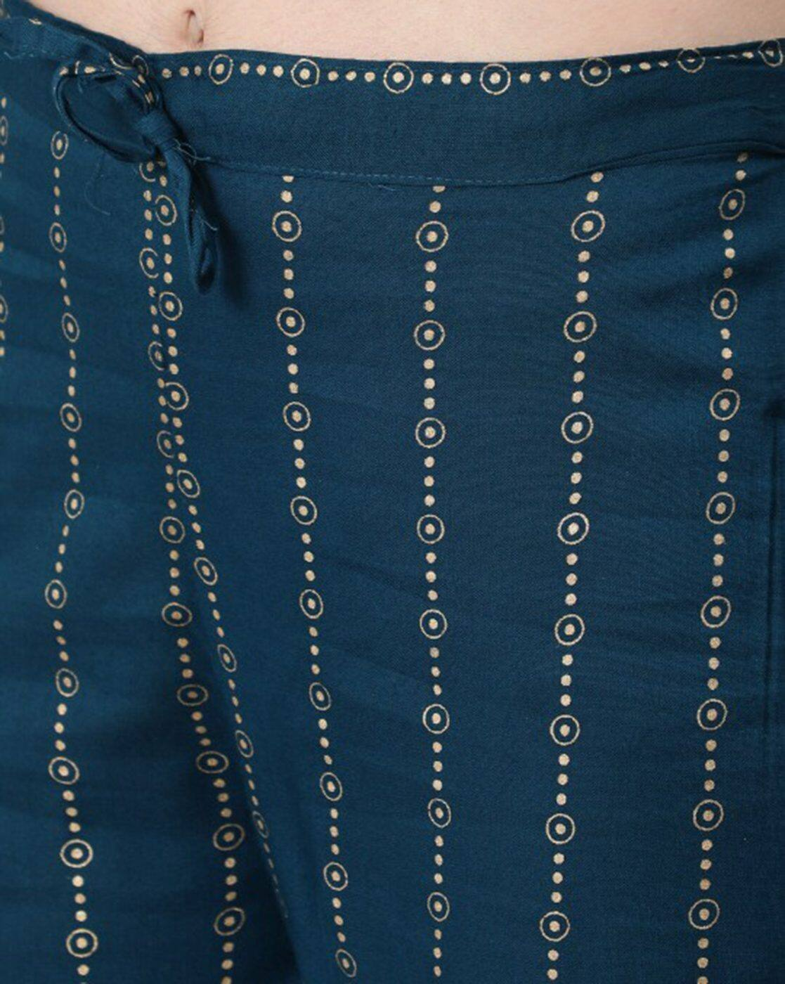 Aromie three piece kurtha teal fabric close up with drawstring waist and dotted vertical print Chinnon Anarkali Kurta Set Canada