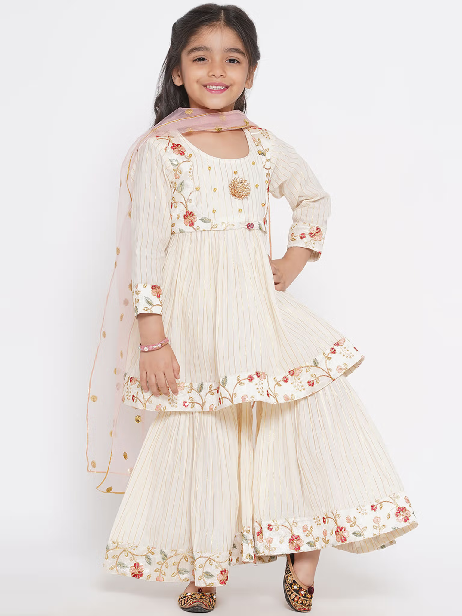Aromie Girls cream Anarkali with pink dupatta and floral border palazzo pants floral embroidered Anarkali Kurta set for girls