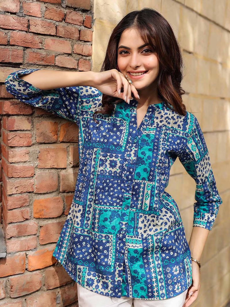 Aromie blue and teal patchwork fusion top on smiling model Indian jumpsuit for women casual ethnic daytime wear