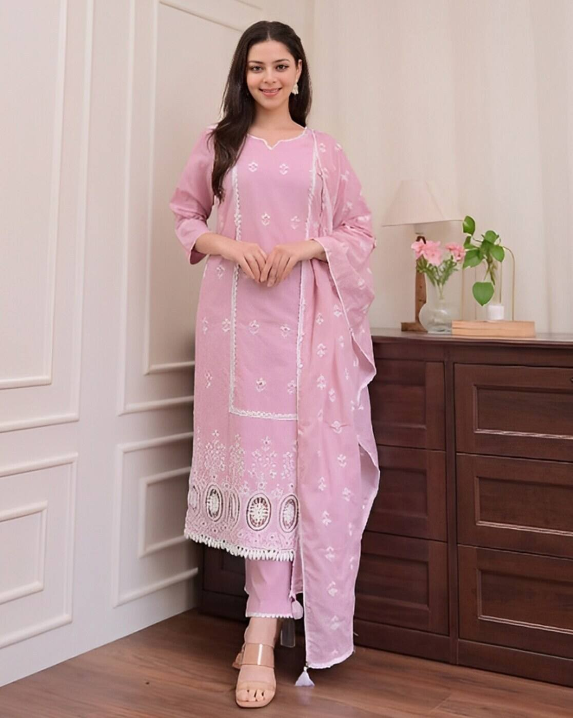 Aromie three piece Kurtha in pink with delicate embroidery affordable kurta suit set