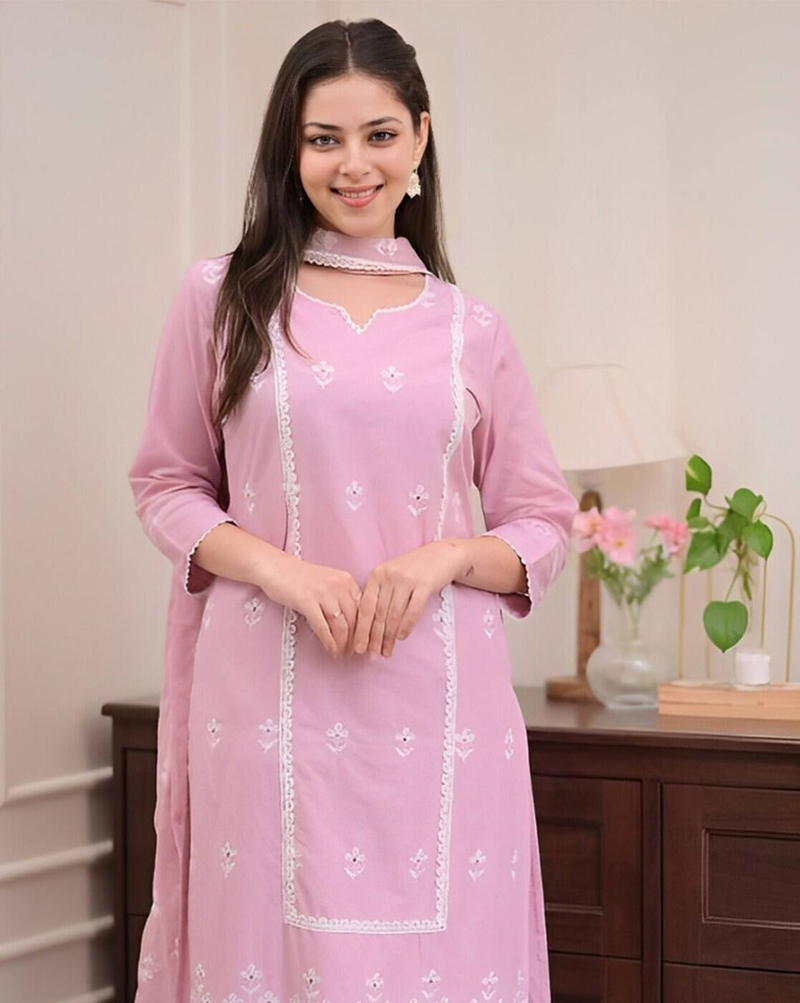 Aromie three piece kurtha in light pink with white embroidery affordable kurta suit set