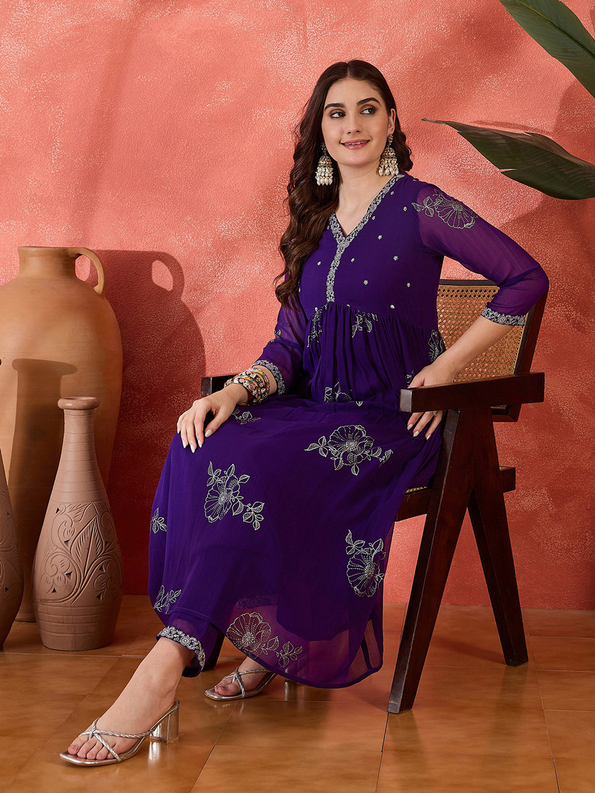 Elegant Floral Anarkali Kurta Set in Purple with Embroidered Details and Comfortable Fit