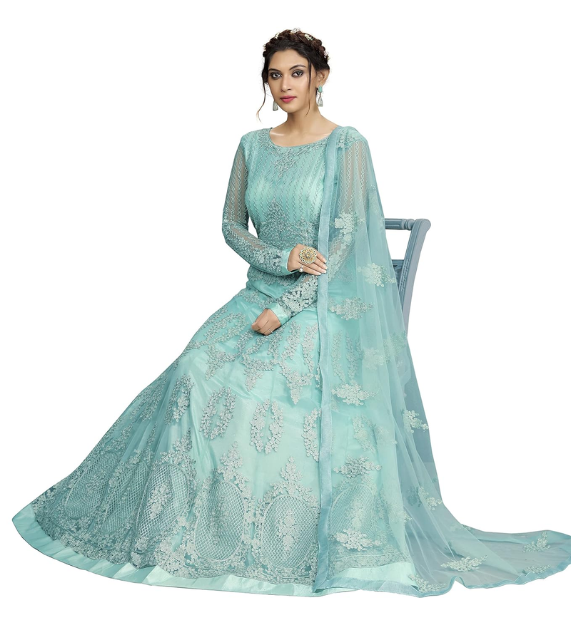 Aromie three piece blue cotton kurti set with detailed embroidery and sheer dupatta