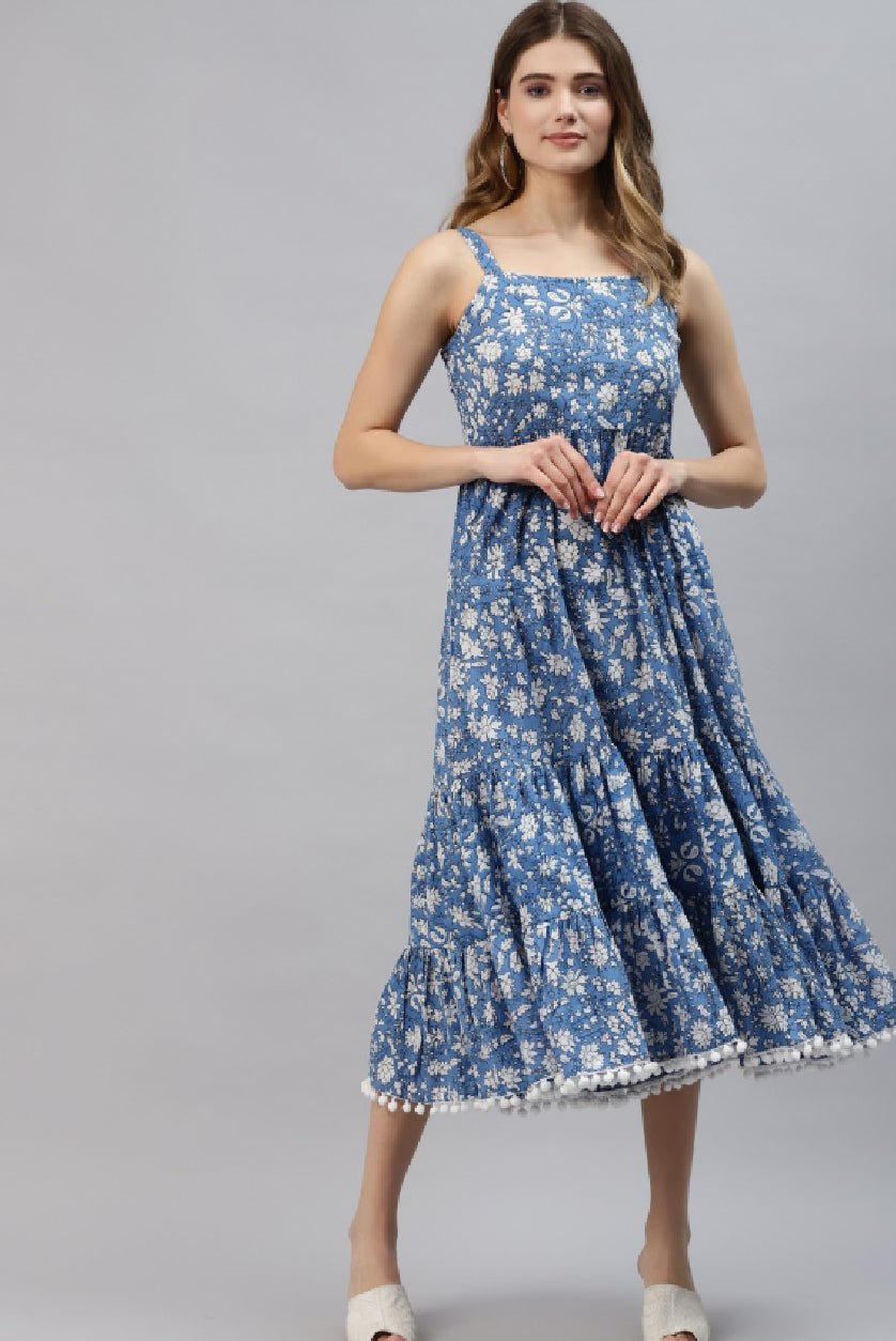 Aromie Blue Ethnic Cotton Dress for Women