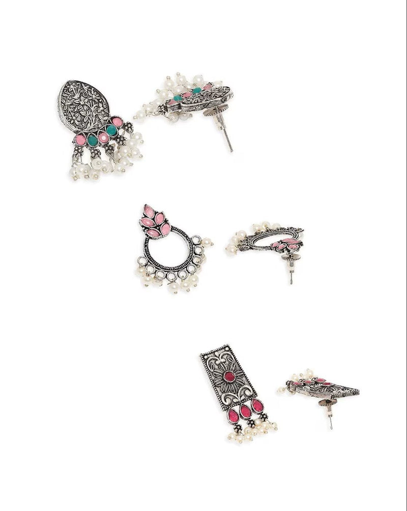 Boho Oxidized Earrings Set with Pearls