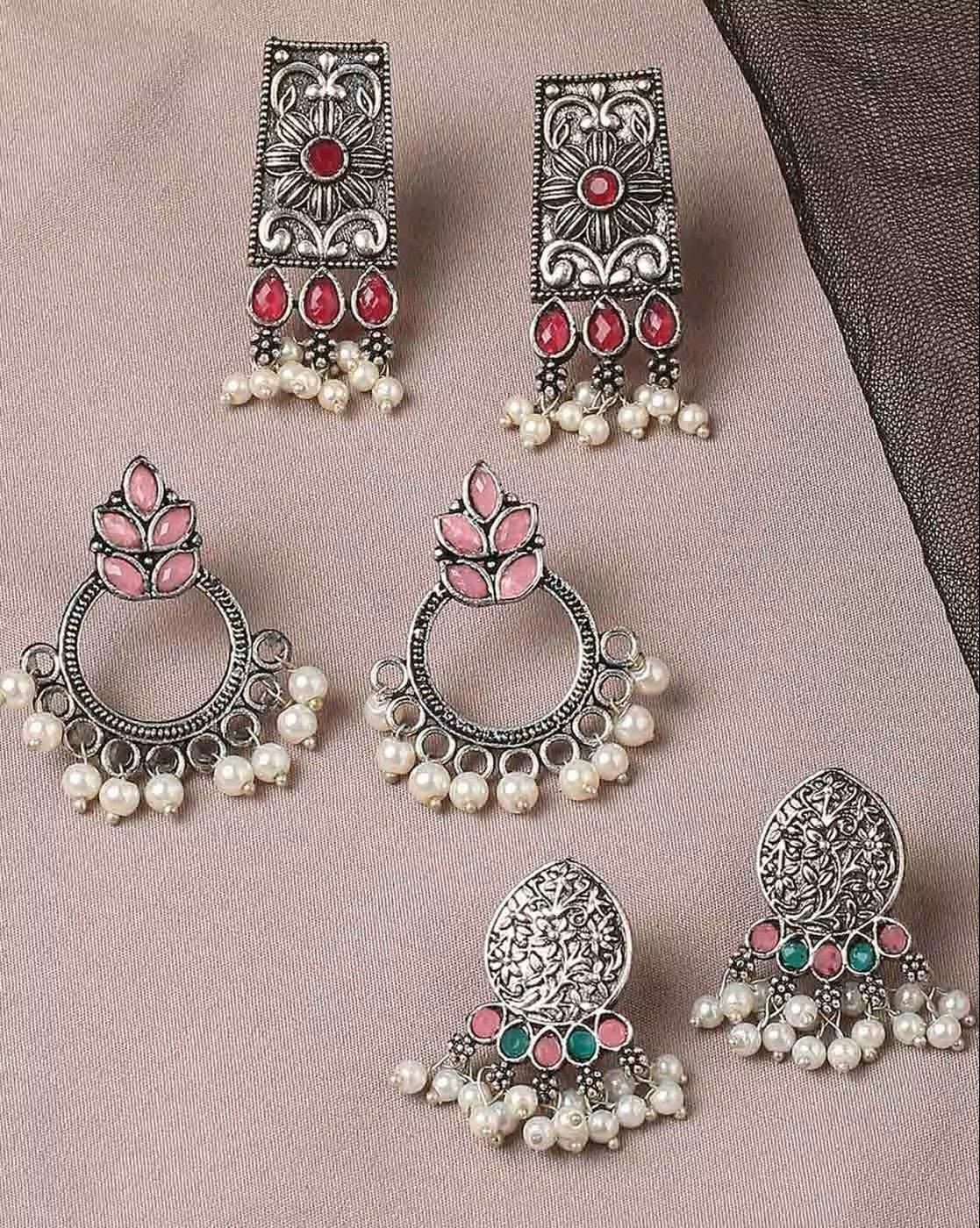 Boho Oxidized Earrings Set with Pearls