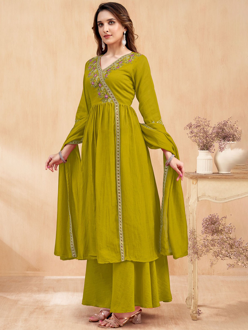 Elegant Three Piece Chanderi Jacket Kurta Set Canada in vibrant green with intricate embroidery