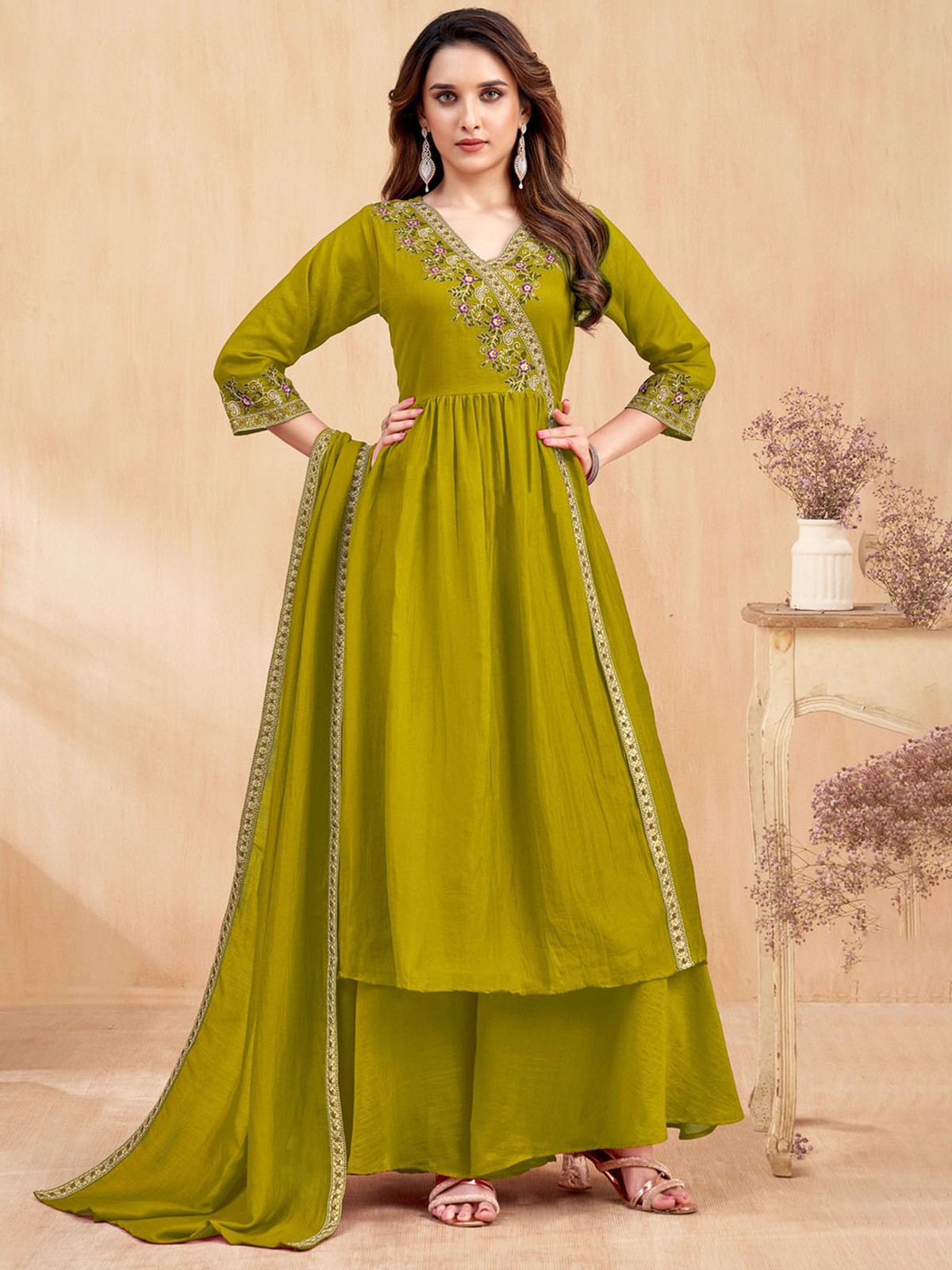 Chanderi jacket kurta set Canada in vibrant green with intricate embroidery and flowing dupatta