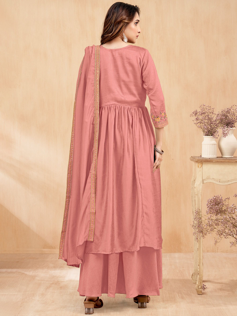 Back view of a Three Piece Chanderi Jacket Kurta Set Canada in peach with delicate embroidery and a flowing silhouette