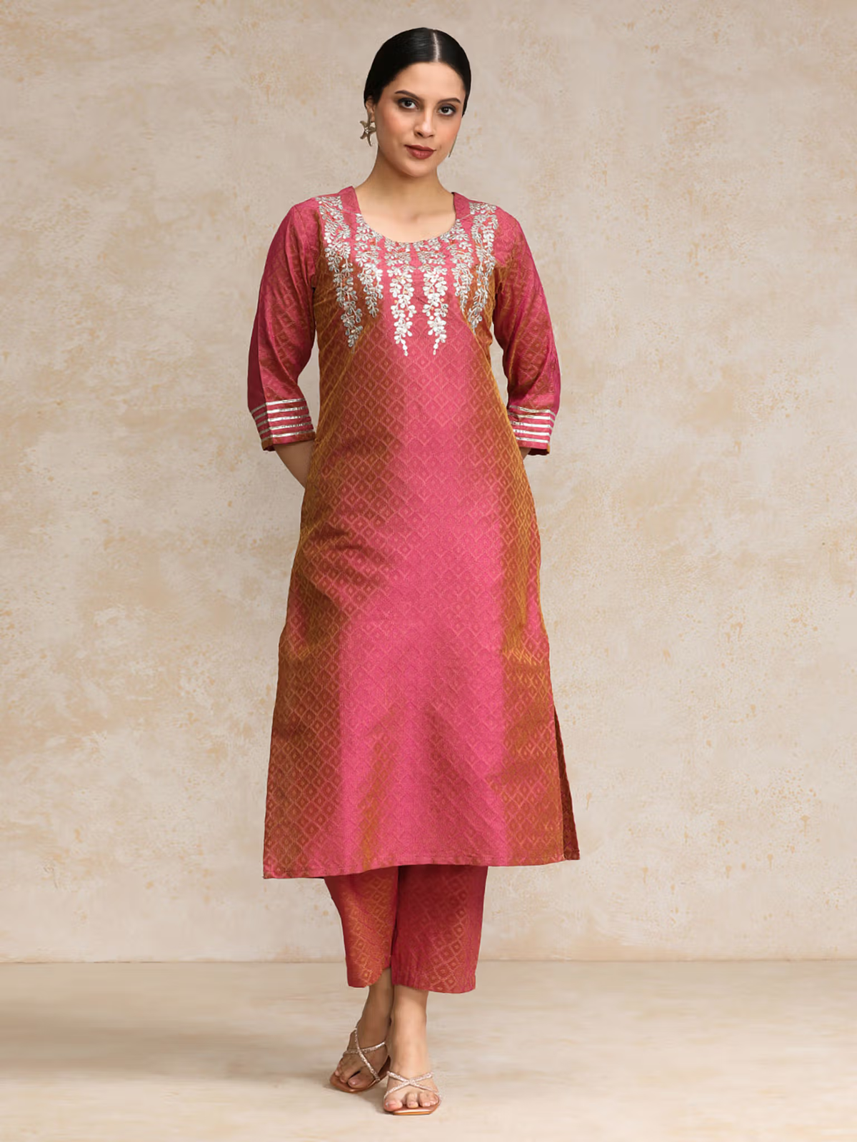 Aromie single piece kurta in pink with intricate embroidery and subtle checkered pattern perfect for elegant wear