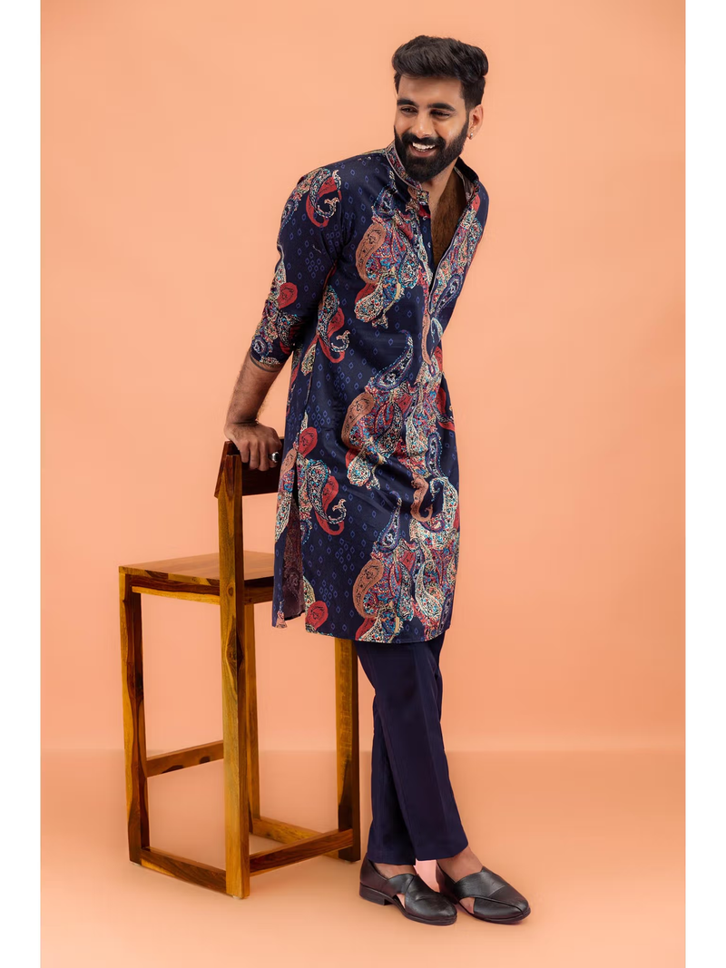 AROMIE men's black printed kurta Canada paisley print kurta styled with navy trousers and loafers