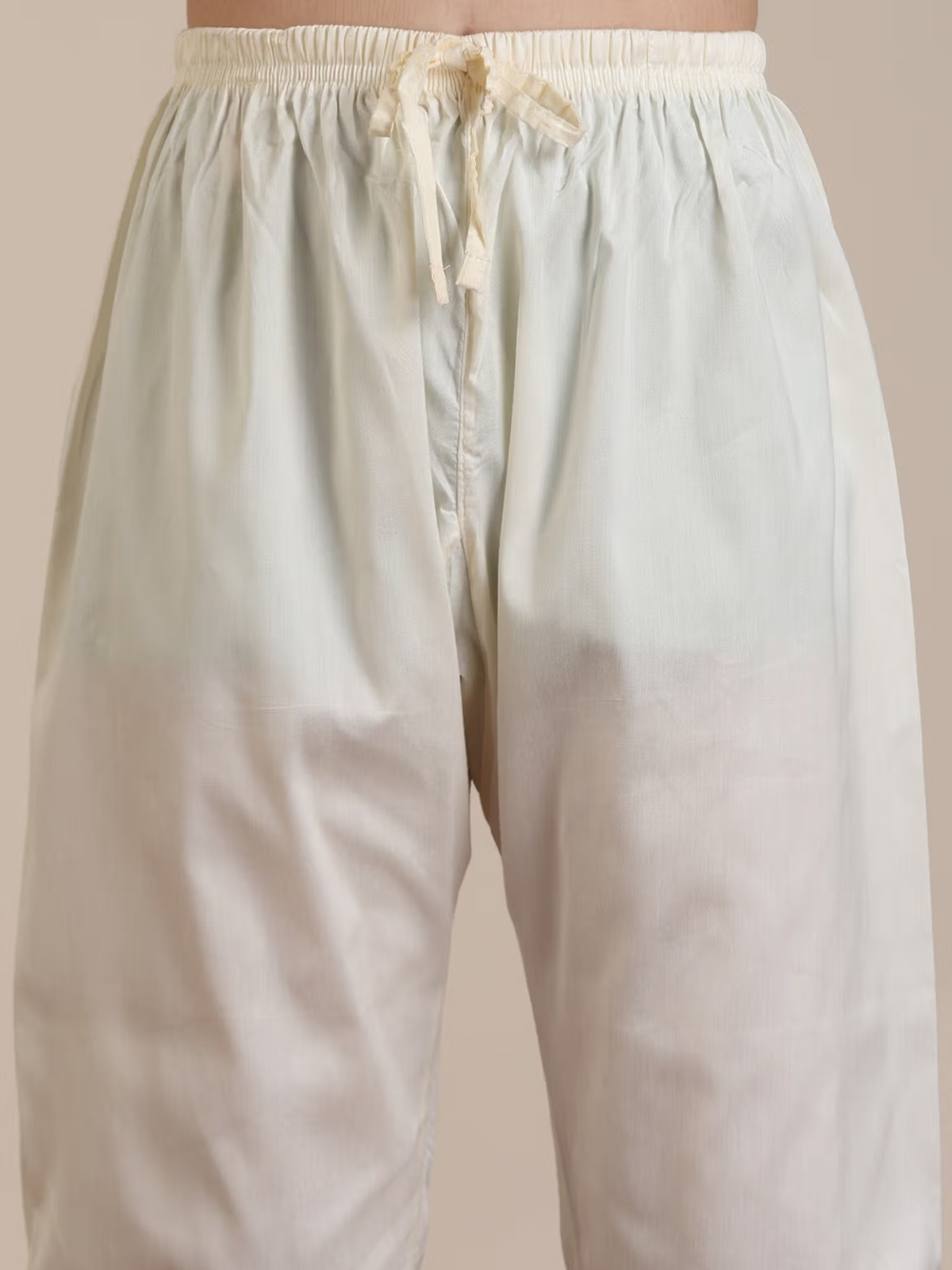 Close up of boys off white kurta pyjama set Canada showing cotton drawstring pyjama pants with elastic waist