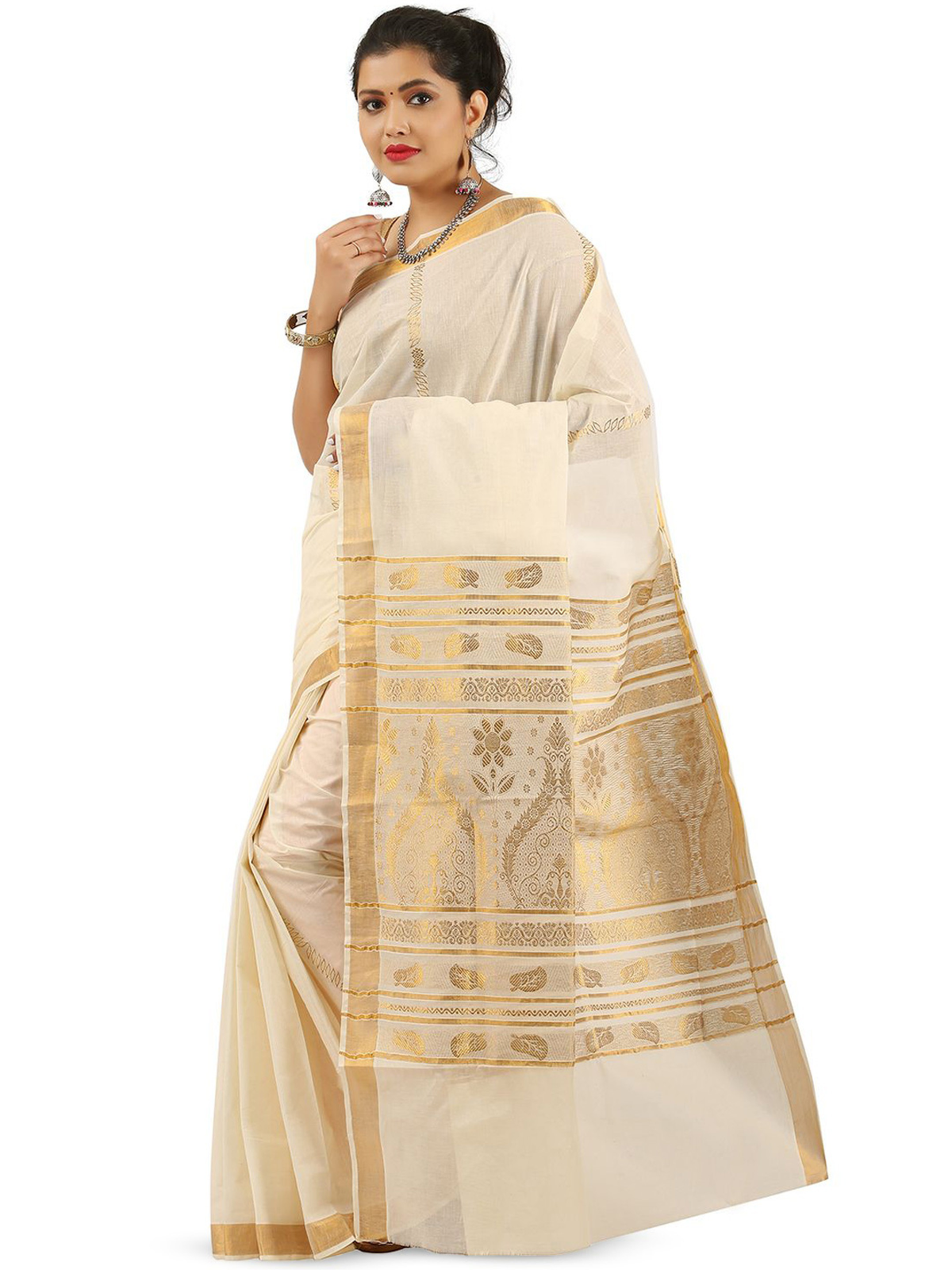 Aromie beige and gold traditional Designer Indian Saree Canada with intricate woven patterns