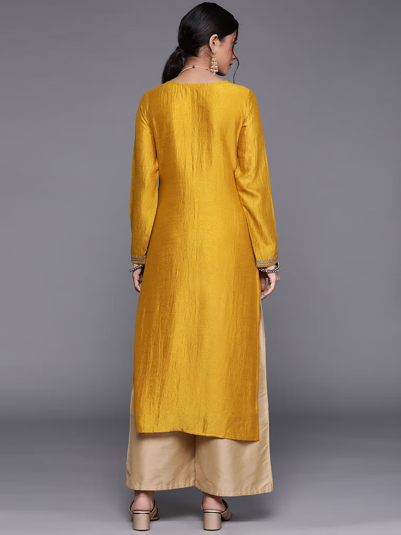 Aromie single piece kurta in mustard yellow paired with beige palazzo pants Eco-friendly palazzo jumpsuit