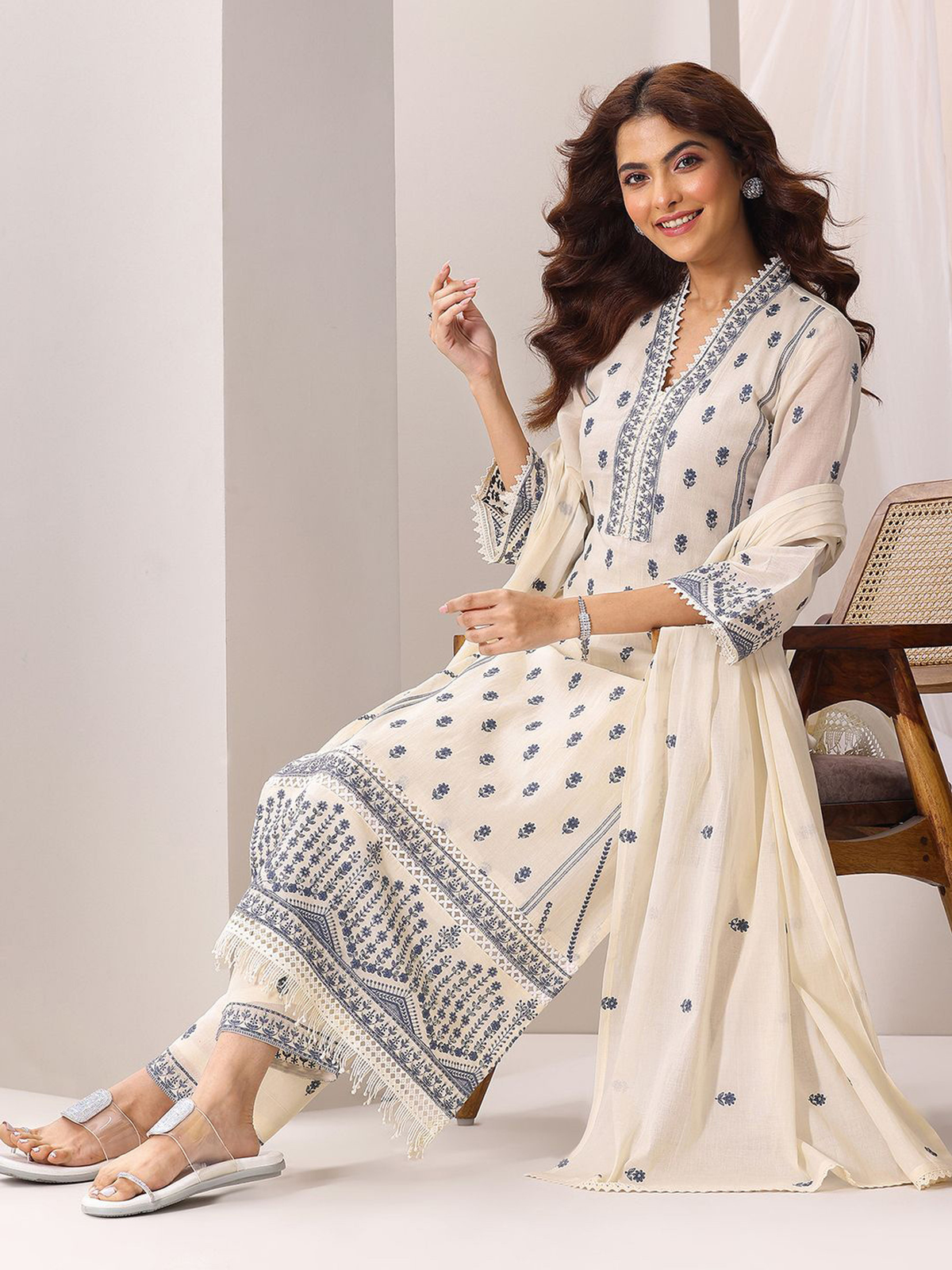 Elegant three piece embroidered cotton kurta Canada with intricate blue embroidery and soft fabric