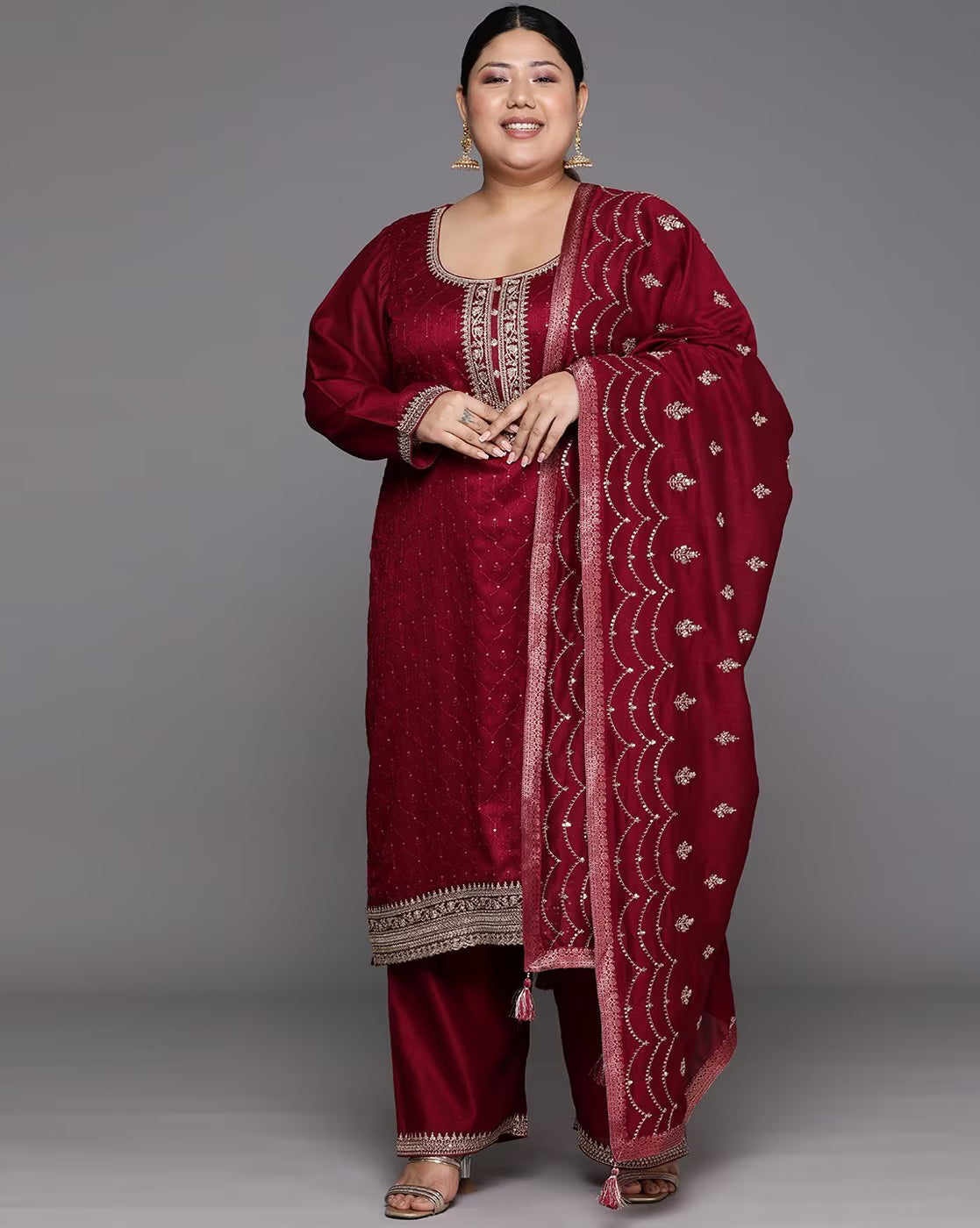 Embroidered Kurta Set for Women featuring a maroon design with intricate detailing and matching dupatta