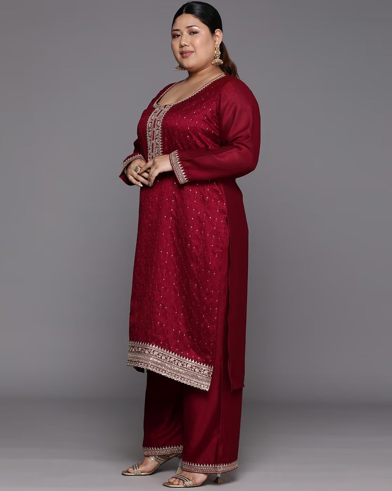 Aromie Embroidered Kurta Set for Women in burgundy with intricate embellishments and matching pants