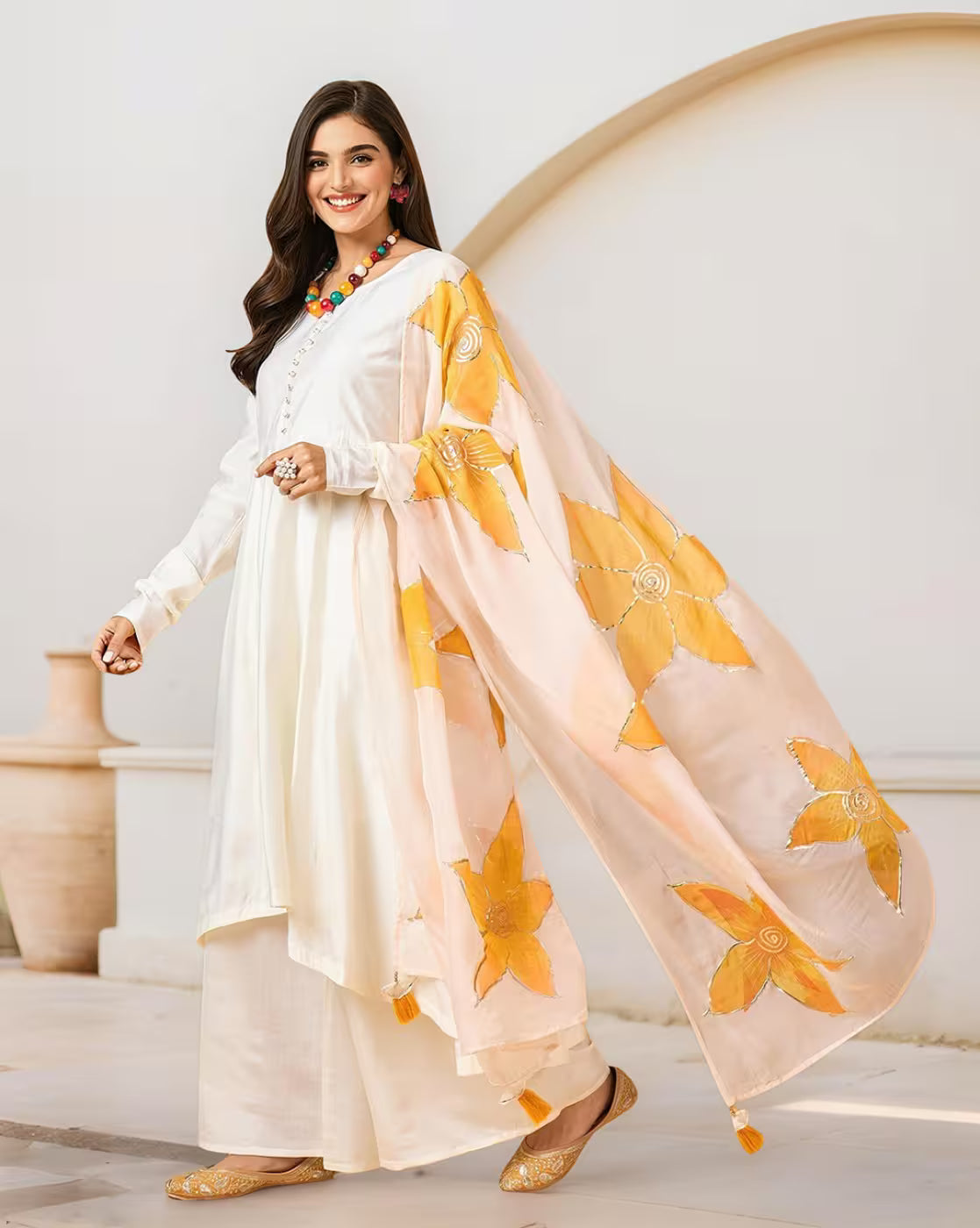 Aromie three piece kurtha white kurta and palazzo with yellow floral dupatta affordable silk blend kurta set