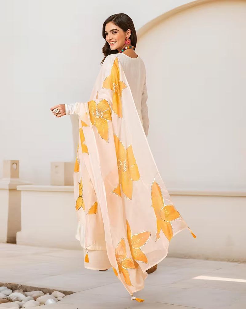 aromie three piece kurtha with cream kurta palazzo and yellow floral dupatta affordable silk blend kurta set