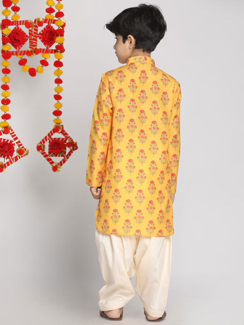 Back view of boy wearing yellow floral kurta with cream Patiala pants traditional boys kurta patiala set Canada