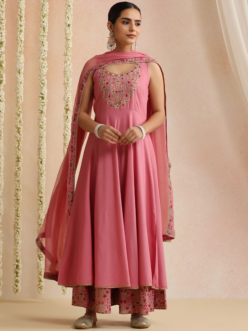 Aromie three piece kurta with embroidered keyhole neck pink Anarkali printed palazzo and dupatta elegant bandhani kurta set