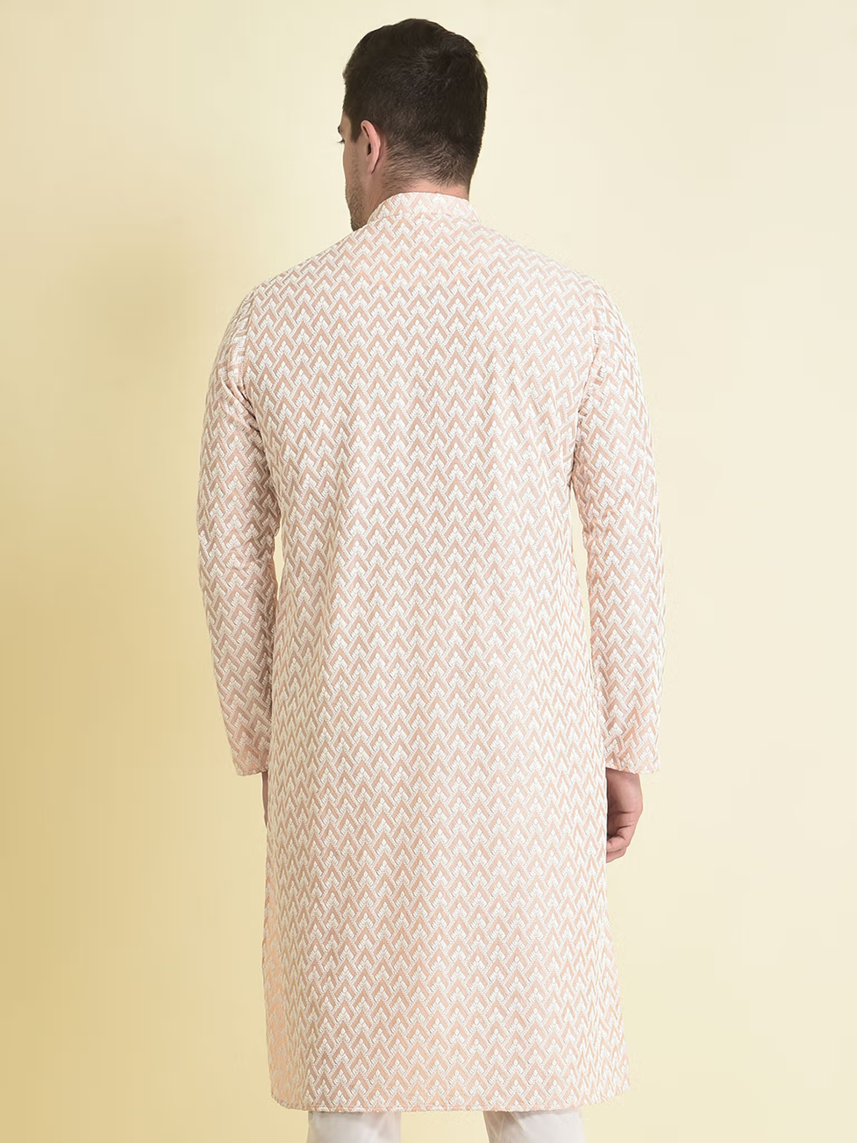 Back view of model wearing men's pink chikankari kurta with subtle zigzag embroidery and mandarin collar