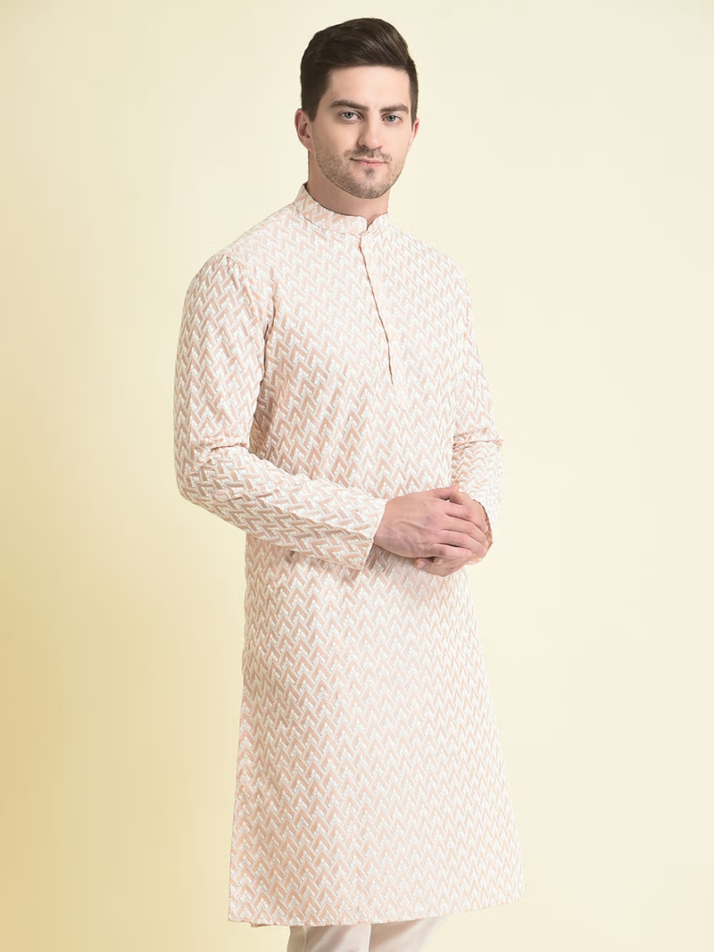 Male model wearing men's pink chikankari kurta with mandarin collar full sleeves knee length straight fit