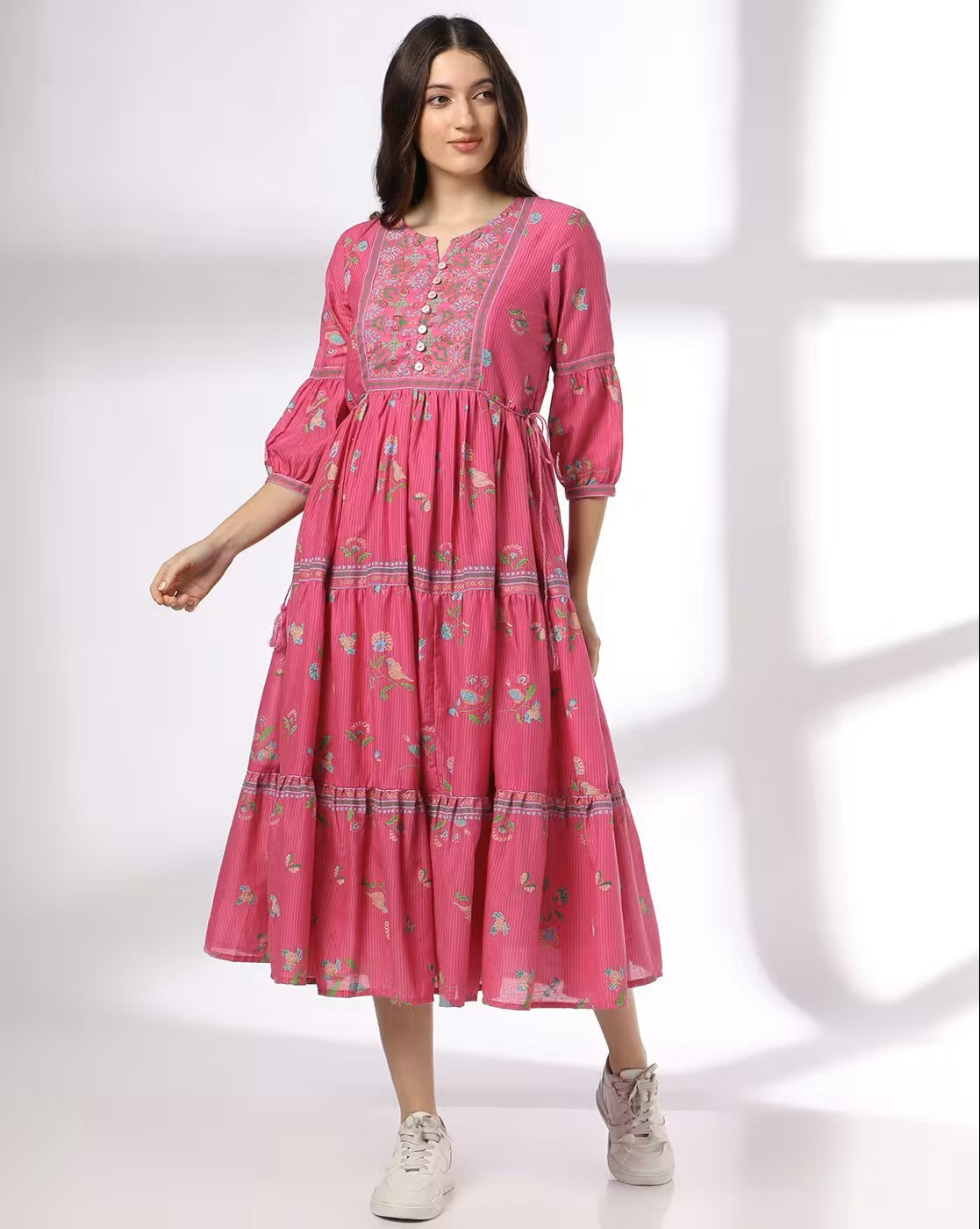 Aromie pink floral print tiered dress with 3/4 sleeves and buttoned front detail