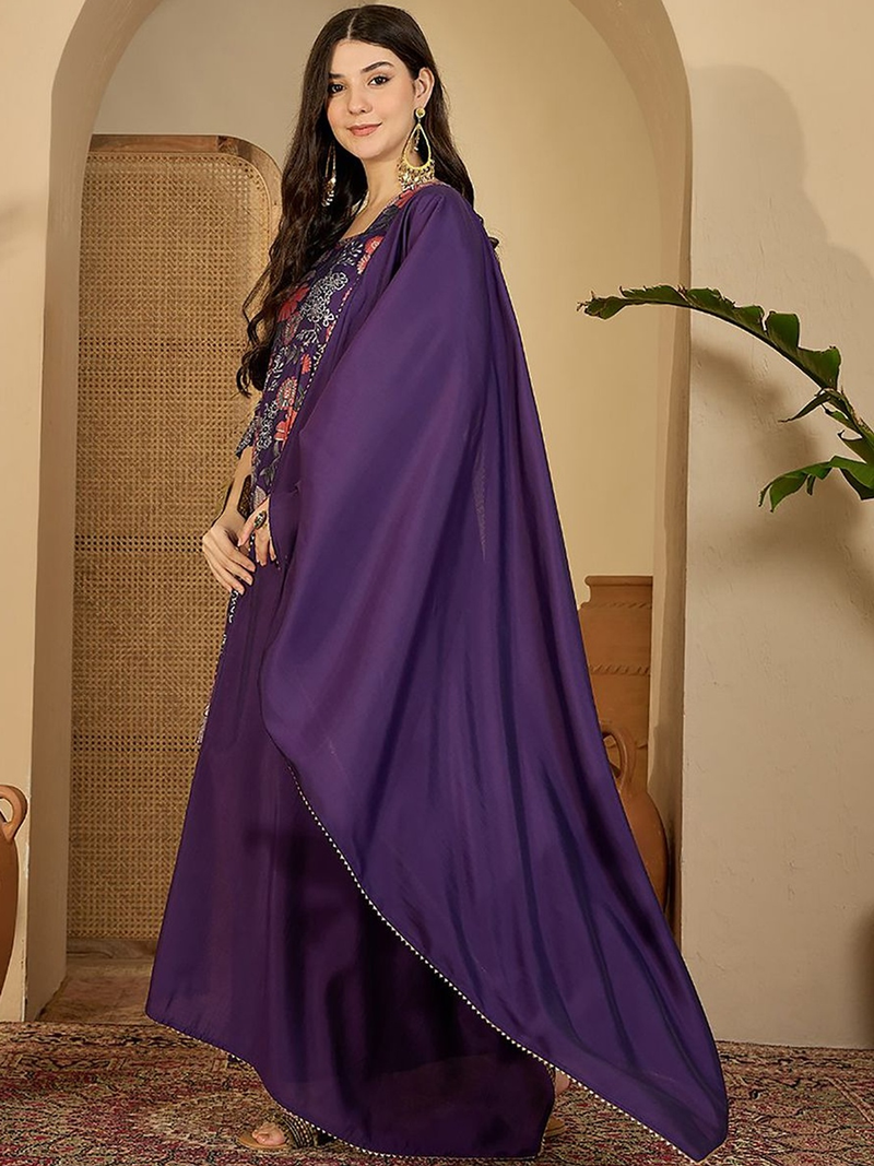 Elegant three piece floral printed bell sleeves kurta in rich purple with matching accessories