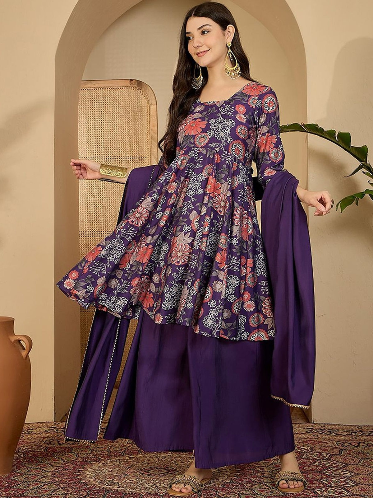 Aromie floral printed bell sleeves kurta in purple with elegant design and flowing silhouette