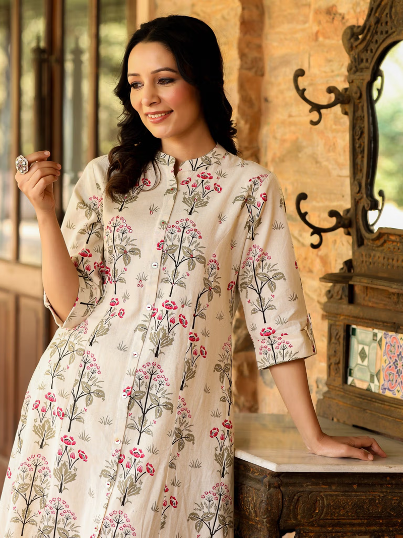 Aromie single piece kurta with floral printed jumpsuit for women in cream with pink and green floral design