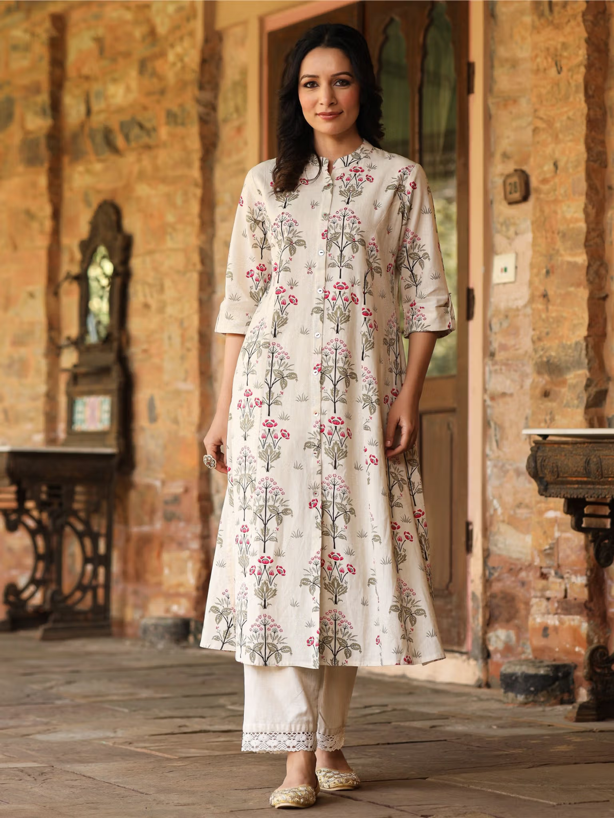 Aromie single piece kurta floral printed jumpsuit for women with three-quarter sleeves and a button-down front
