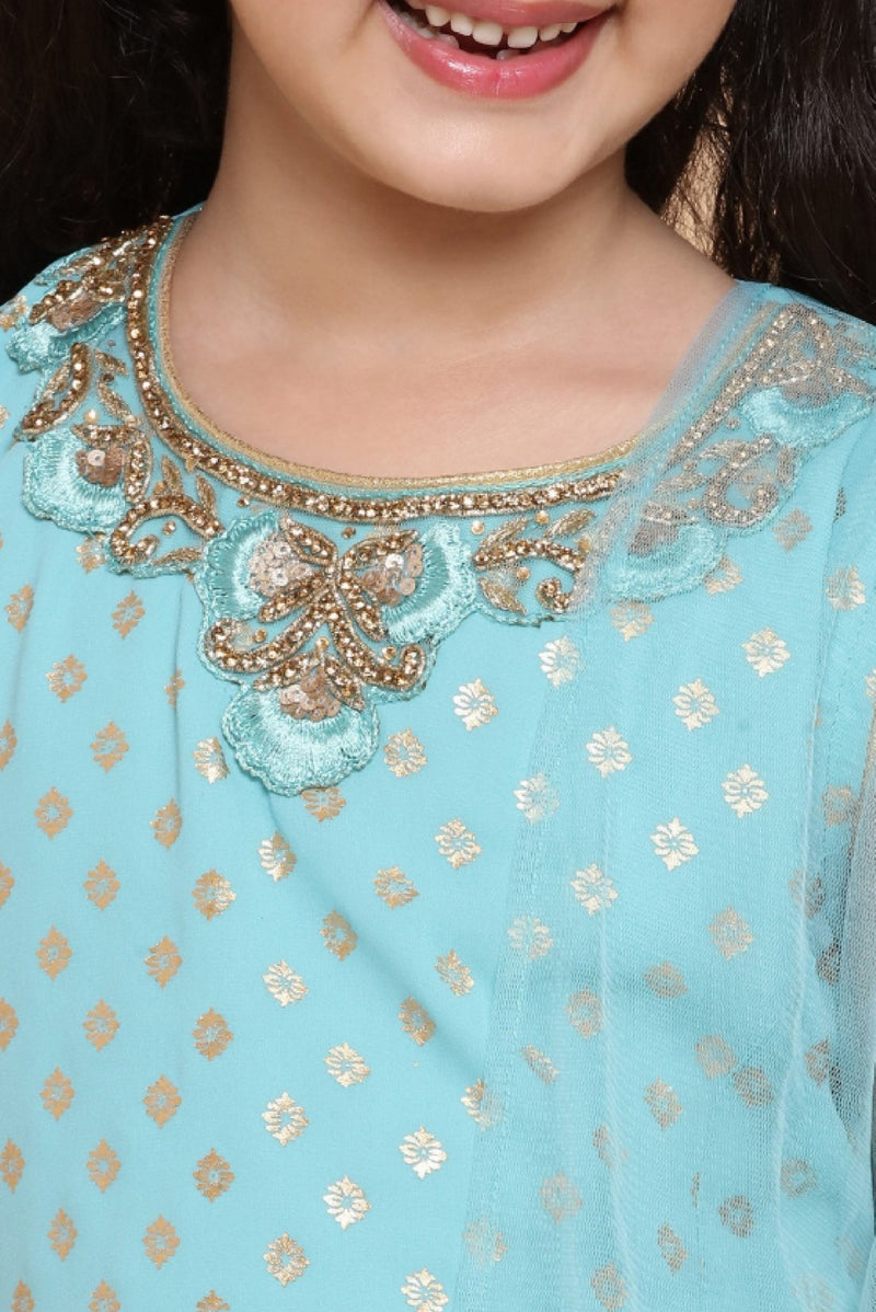Aromie Girls Ethnic Kurta Set in Turquoise Blue