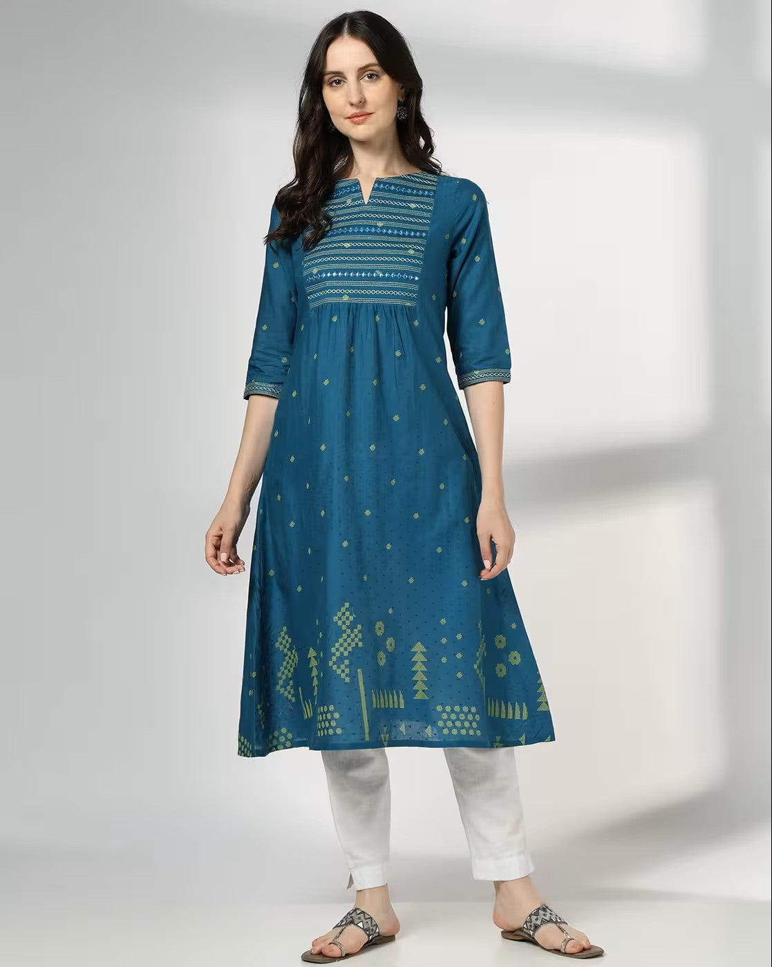 Aromie single piece kurta in blue featuring hand block printed jumpsuit design with three-quarter sleeves