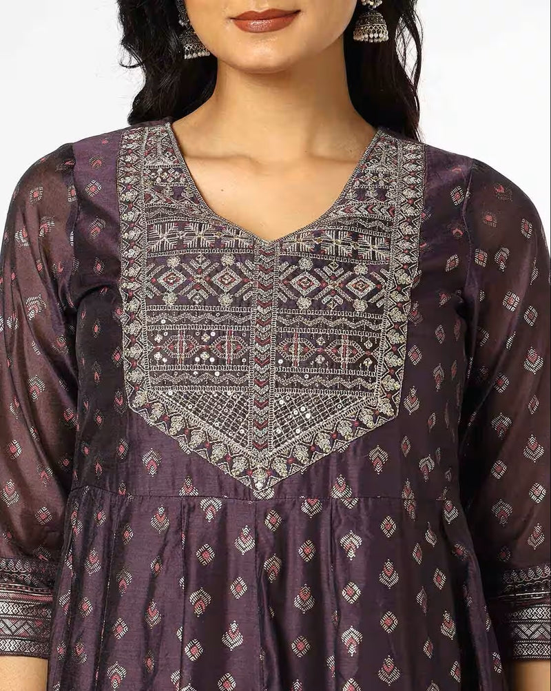 Aromie Indian fit and flare dress Canada with intricate embroidery and three-quarter sleeves in dark purple