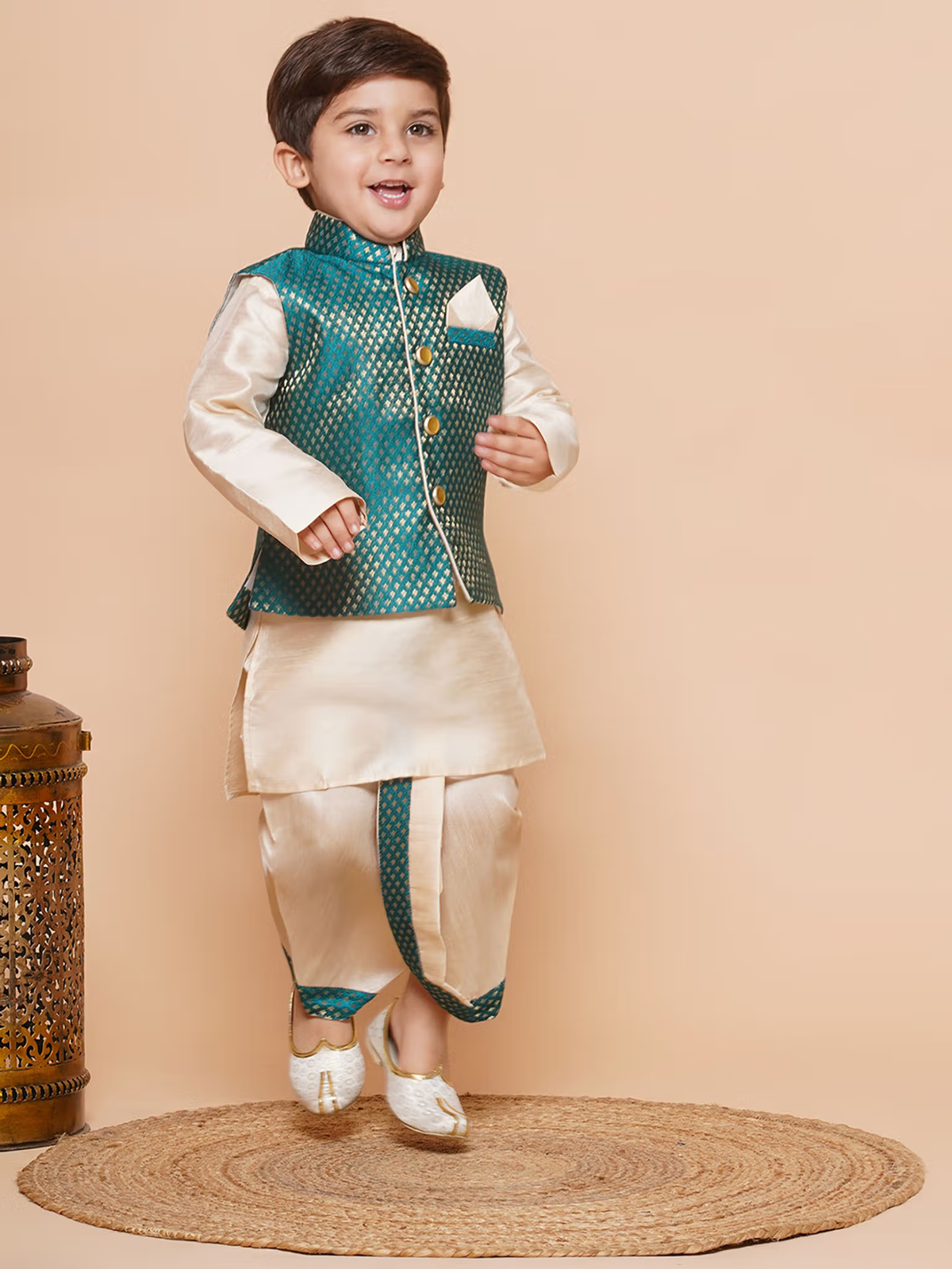 boys green silk dhoti kurta set with cream silk kurta and green patterned vest for festive occasions