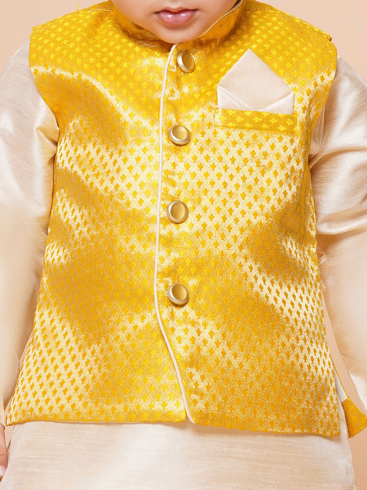 boys yellow dhoti kurta set with waistcoat gold textured waistcoat and cream kurta with pocket square