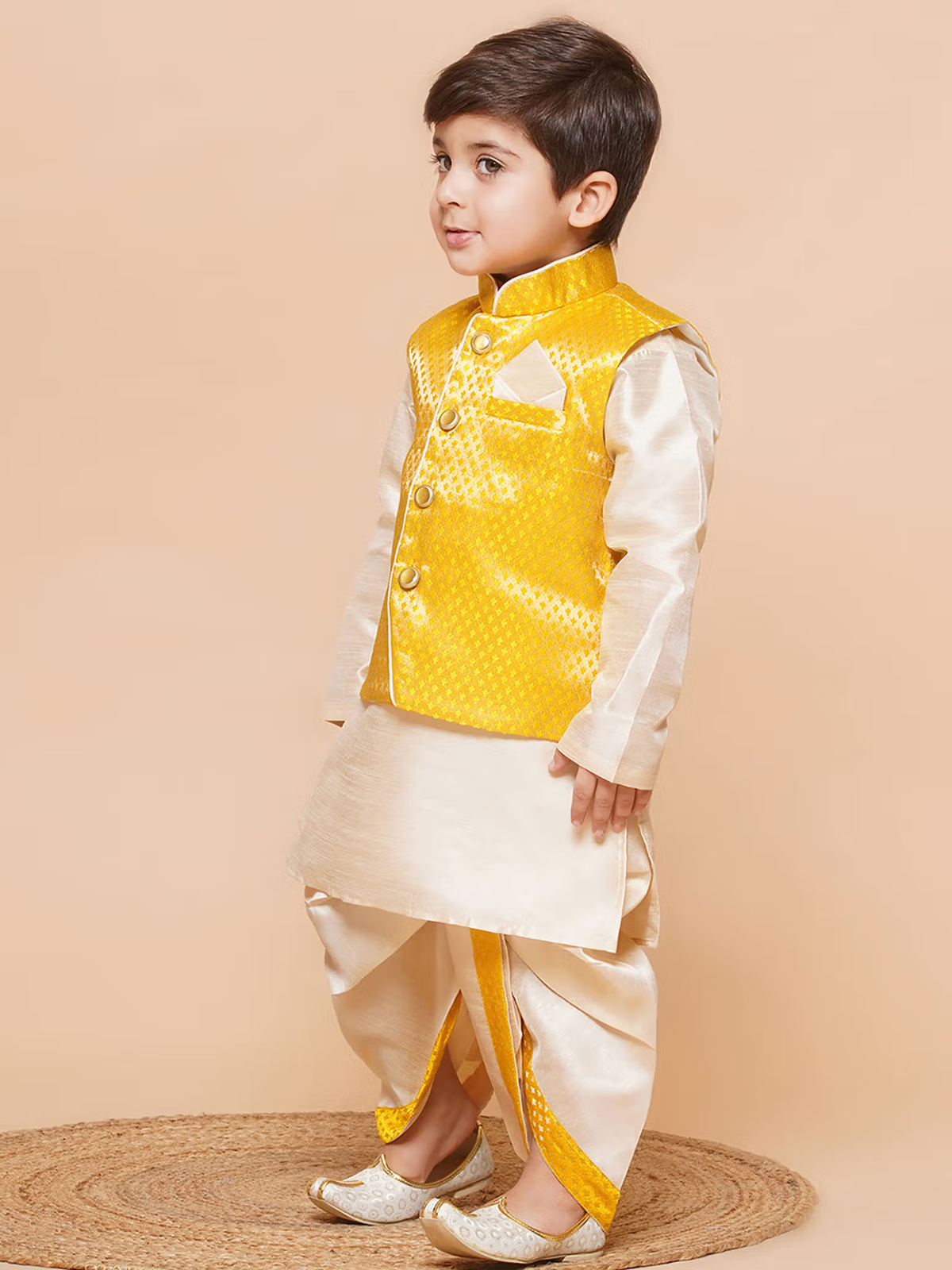 boys yellow dhoti kurta set with waistcoat AROMIE cream kurta ivory dhoti and gold brocade waistcoat for festive occasions