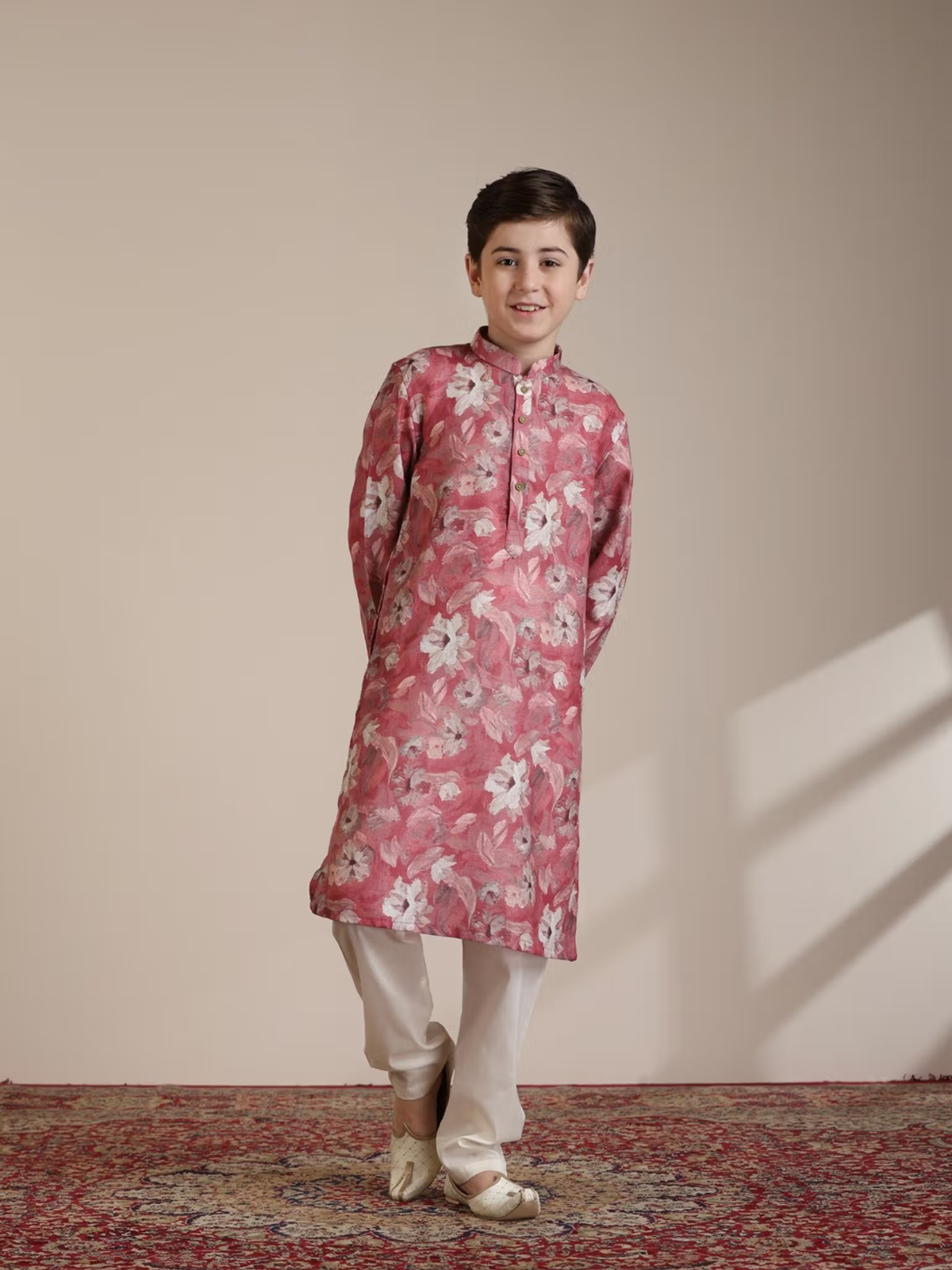 AROMIE boys pink kurta pyjama set Canada floral printed long kurta with white pyjama on smiling boy for festive occasions