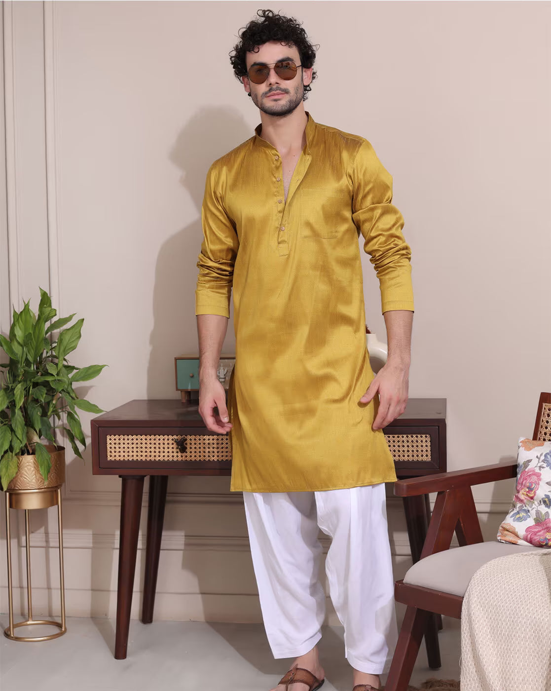 Stylish men's mustard kurta Canada, perfect for festive occasions, paired with white trousers