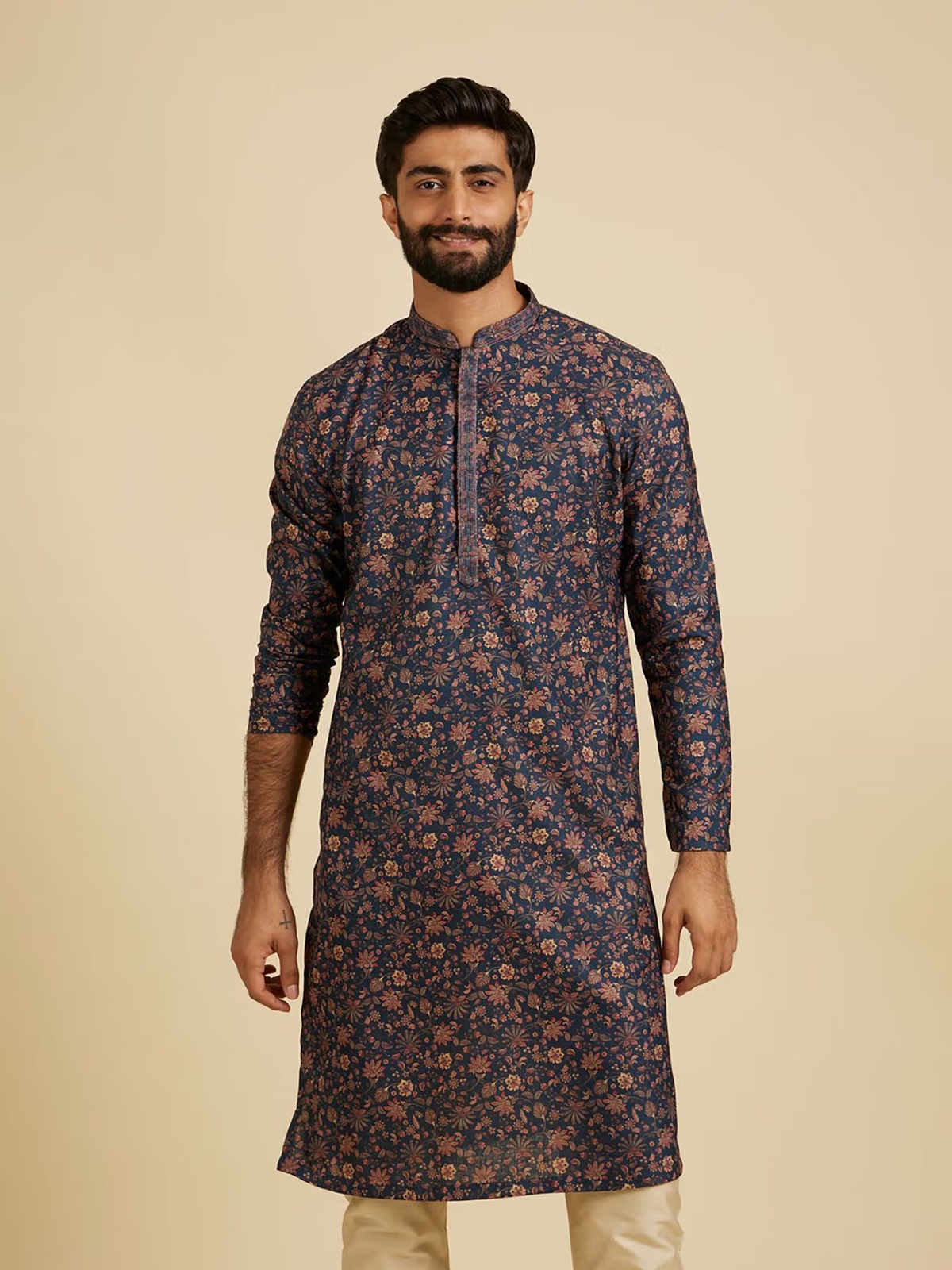 AROMIE mens blue floral kurta pyjama set long sleeve mandarin collar lightweight cotton for festivals