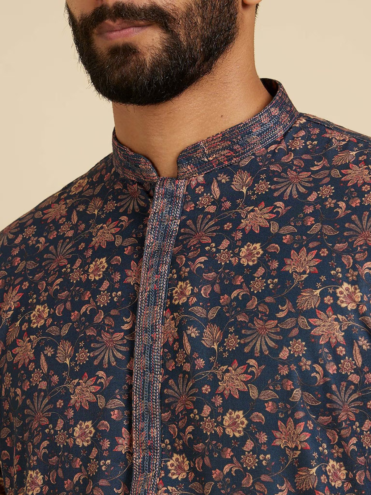 Mens navy kurta with mandarin collar and intricate floral print and embroidered placket blue floral kurta pyjama set