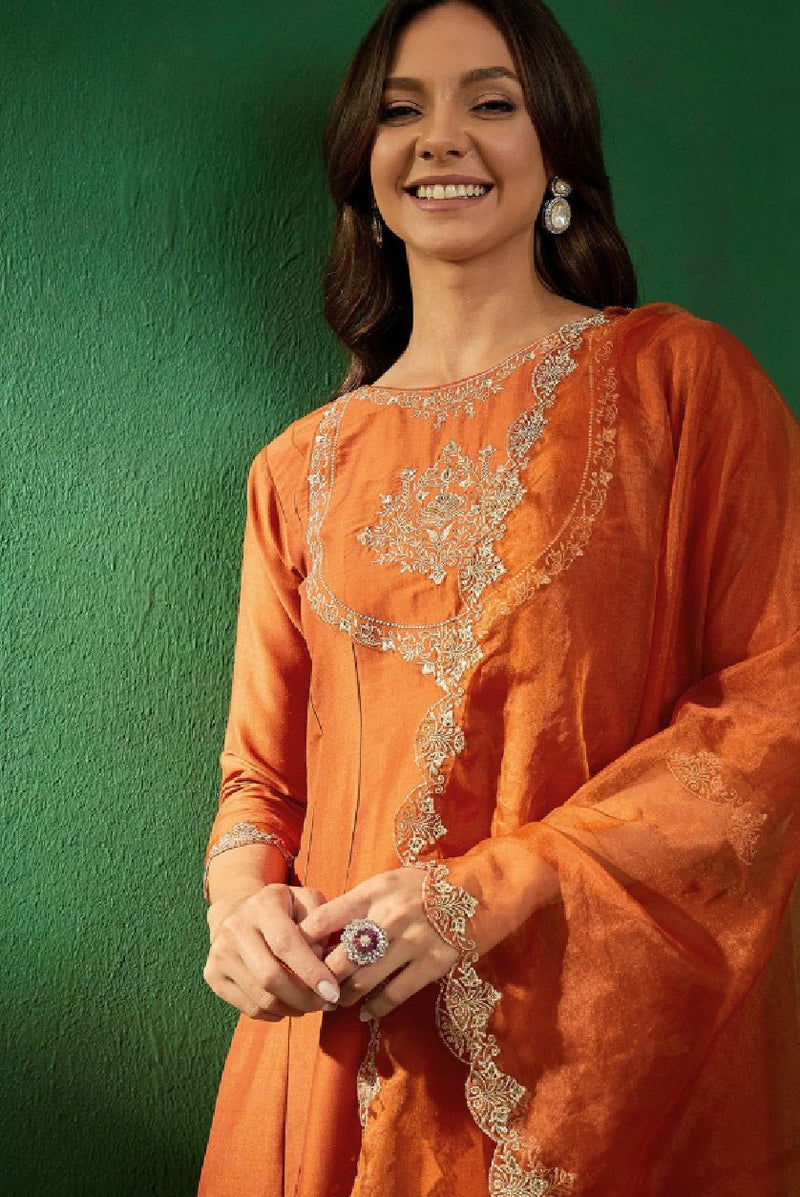Orange Organza Dupatta Set - Three Piece Kurtha